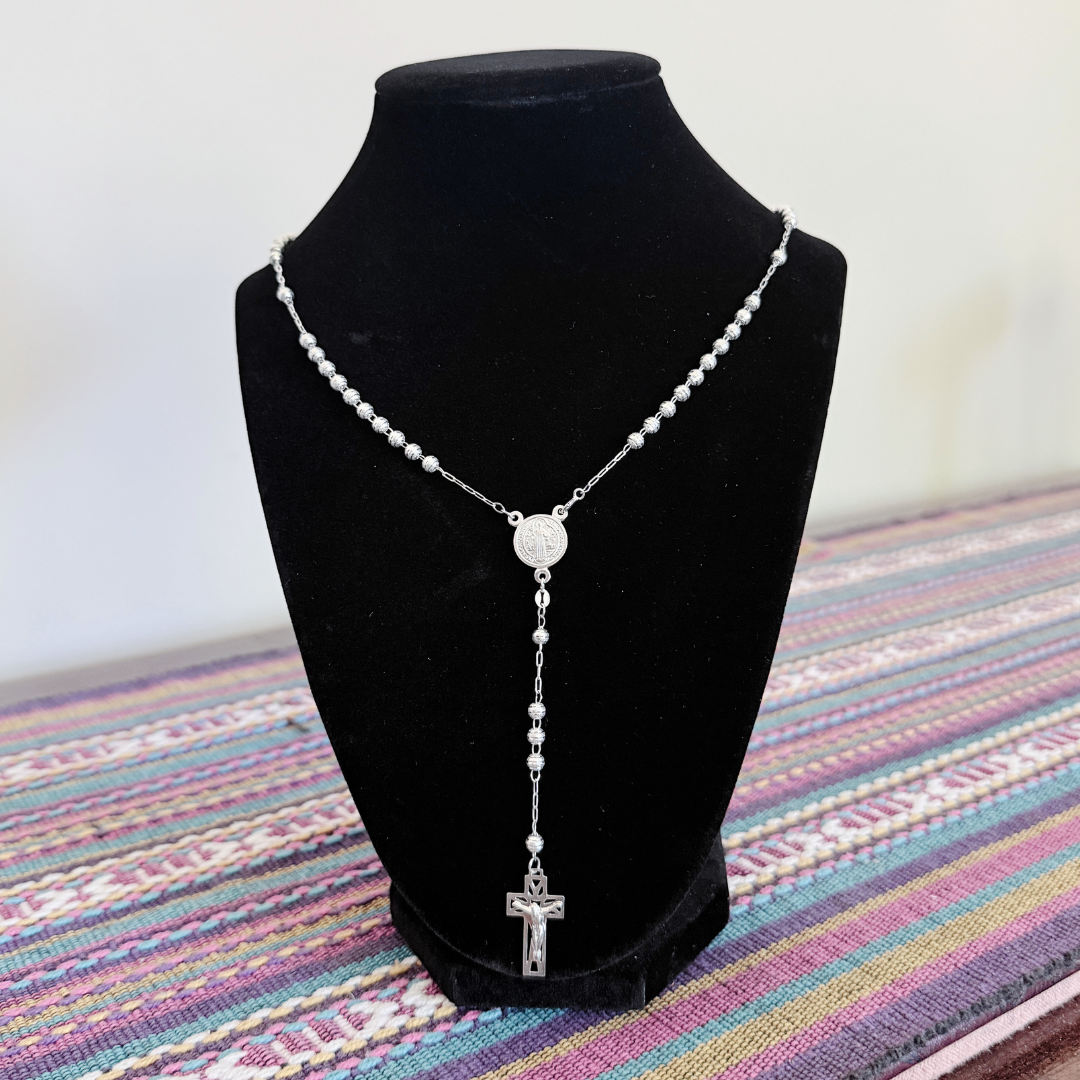 Authentic Mexican Sterling Silver - San Benito Rosary – 4mm Diamond-Cut Beads – 22.5" – 925 MEX Stamped