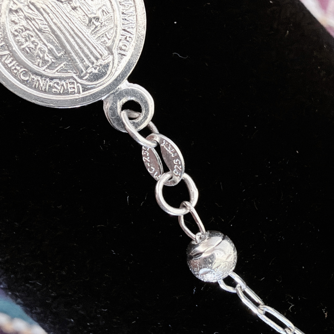 Authentic Mexican Sterling Silver - San Benito Rosary – 4mm Diamond-Cut Beads – 22.5" – 925 MEX Stamped