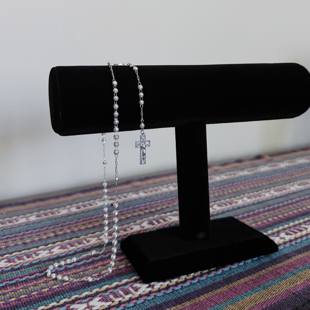 Authentic Mexican Sterling Silver - San Benito Rosary – 4mm Diamond-Cut Beads – 22.5" – 925 MEX Stamped