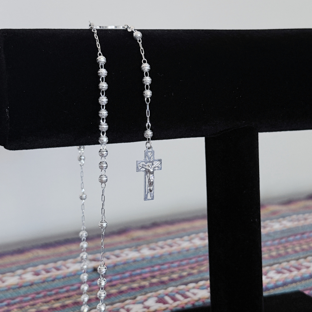Authentic Mexican Sterling Silver - San Benito Rosary – 4mm Diamond-Cut Beads – 22.5" – 925 MEX Stamped