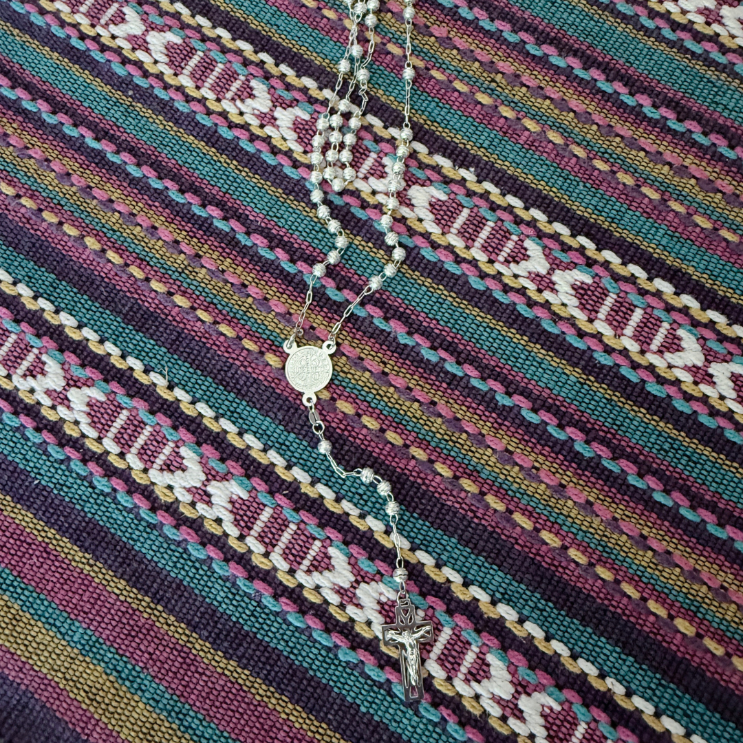 Authentic Mexican Sterling Silver - San Benito Rosary – 4mm Diamond-Cut Beads – 22.5" – 925 MEX Stamped