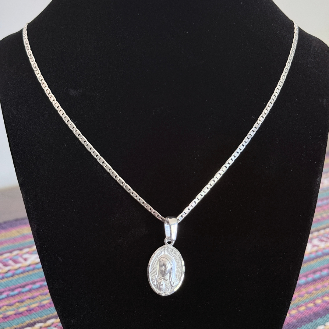 Authentic Mexican Sterling Silver Virgen de Guadalupe Necklace - 3mm Mariner Chain 22 in - 925 MEX Stamped
