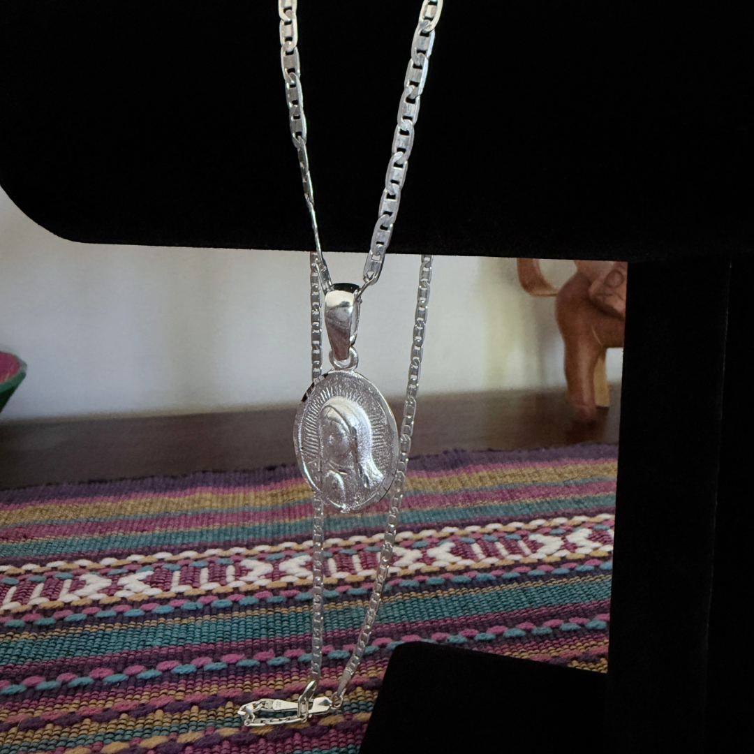 Authentic Mexican Sterling Silver Virgen de Guadalupe Necklace - 3mm Mariner Chain 22 in - 925 MEX Stamped