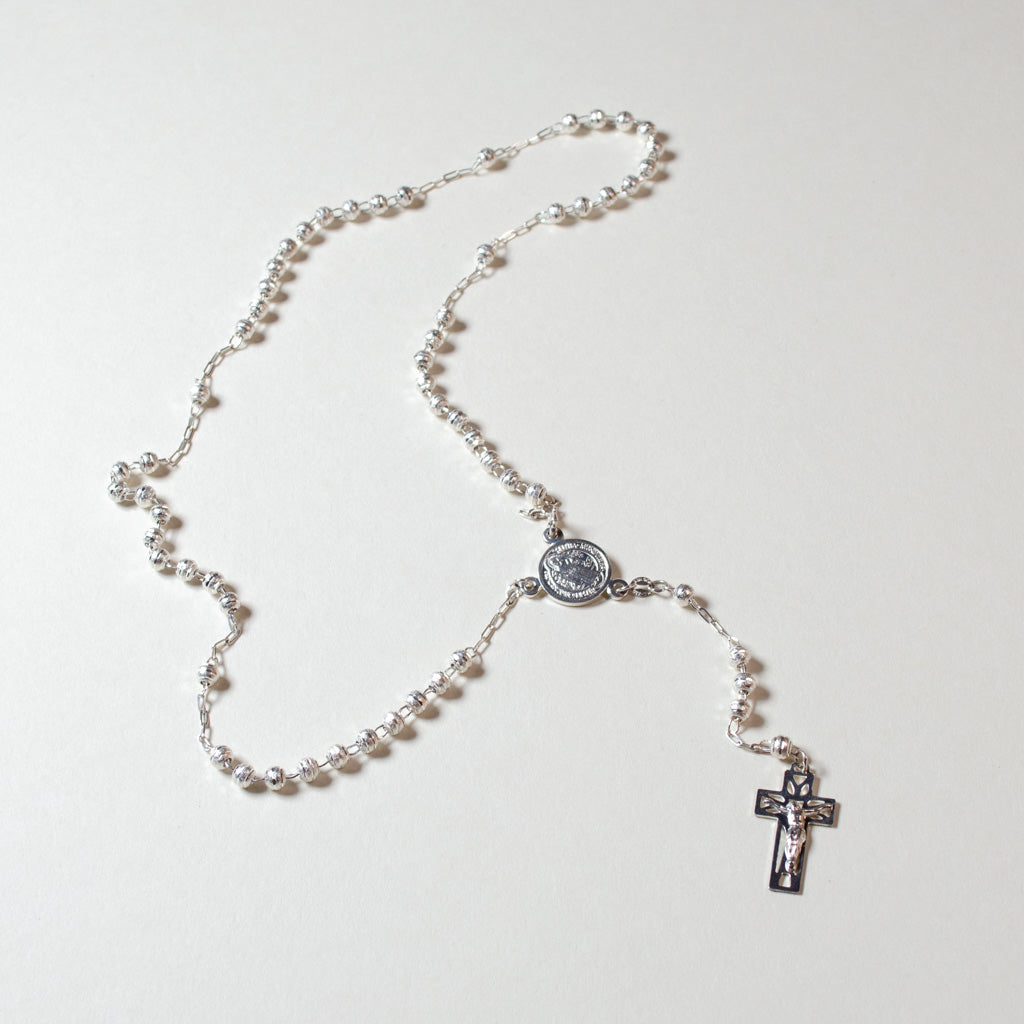 Authentic Mexican Sterling Silver - San Benito Rosary – 4mm Diamond-Cut Beads – 22.5" – 925 MEX Stamped